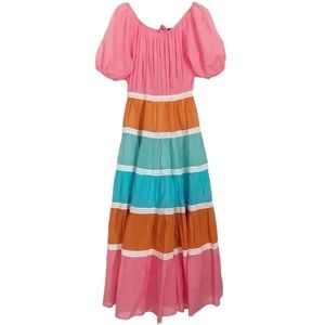 NWT Tov Holy Maxi Dress Off Shoulder Color Block Tier Lace Puff Sleeve Beach, M